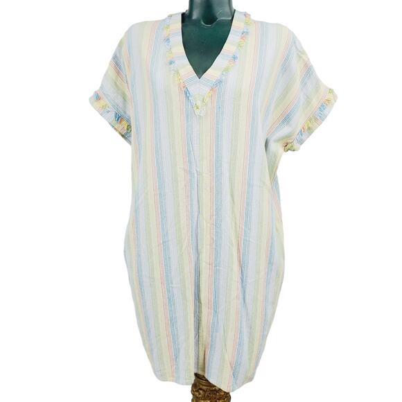 Karlie Vertical Striped Boho Shirt Mini Dress Linen Blend Pastel Colors S 1700 - Picture 1 of 6
